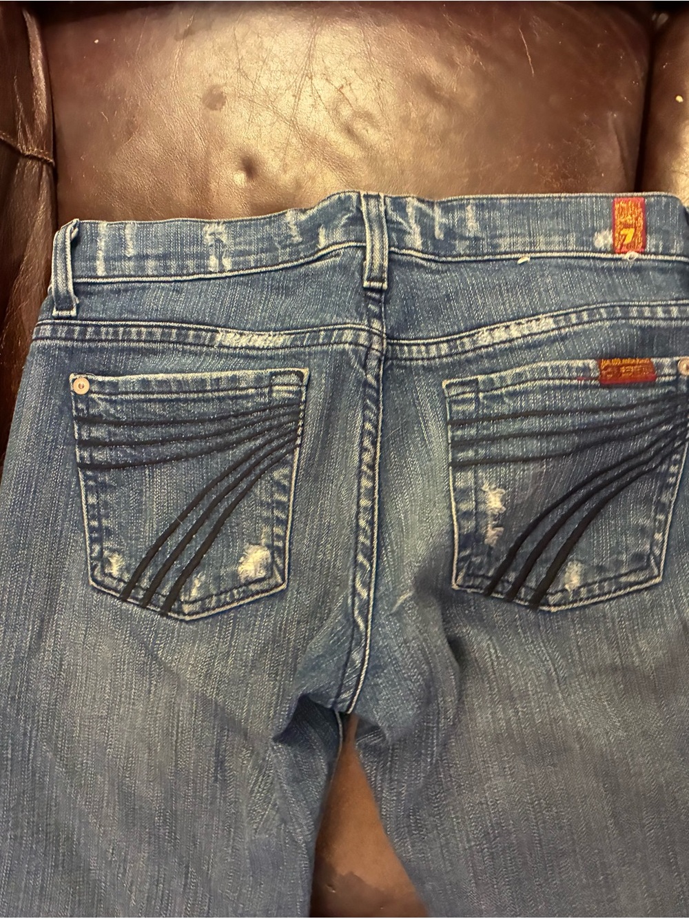 7 For All Mankind Women's Blue Distressed Flare Jeans with Back Pocket Stitch